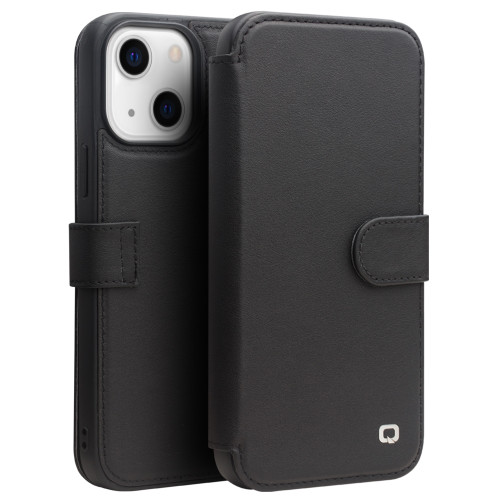 iPhone 13 mini QIALINO Magnetic Buckle Phone Leather Case with Card Slot - Black
